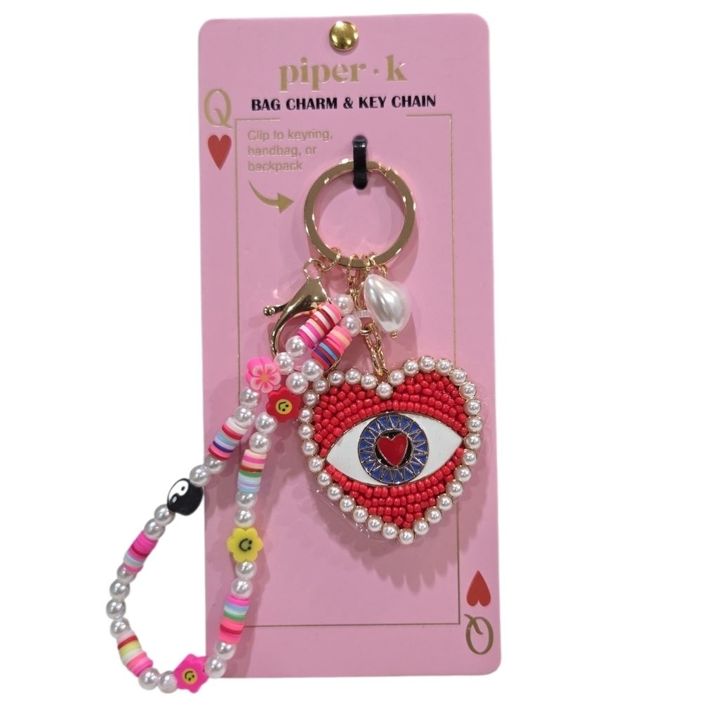 ❤️▪️Piper K▪️ UK 🇬🇧 Exclusive  Beaded Heart Evil Eye Bag Charm  Keychain